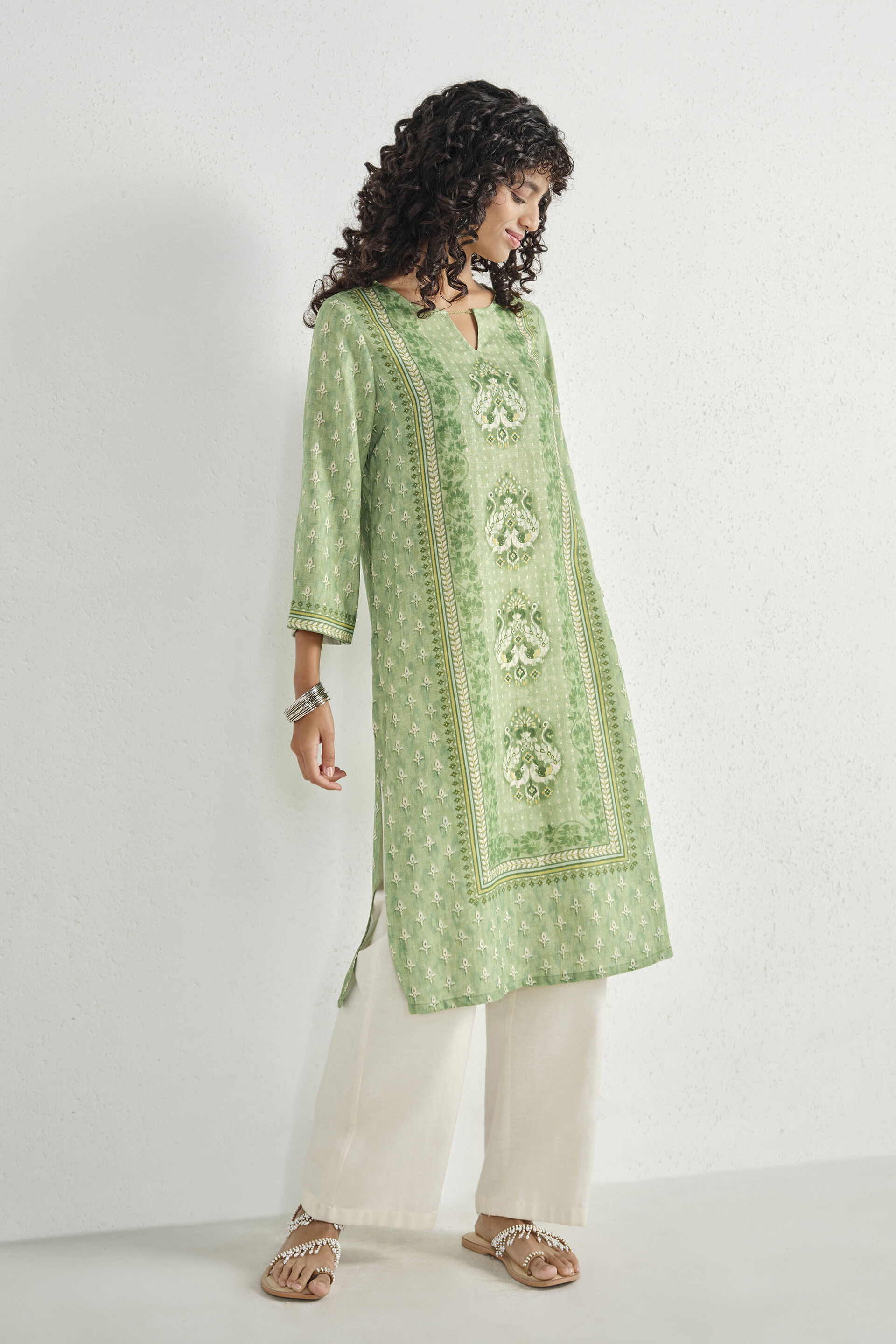 Sage Placement Print Kurta, Sage Green, image 4